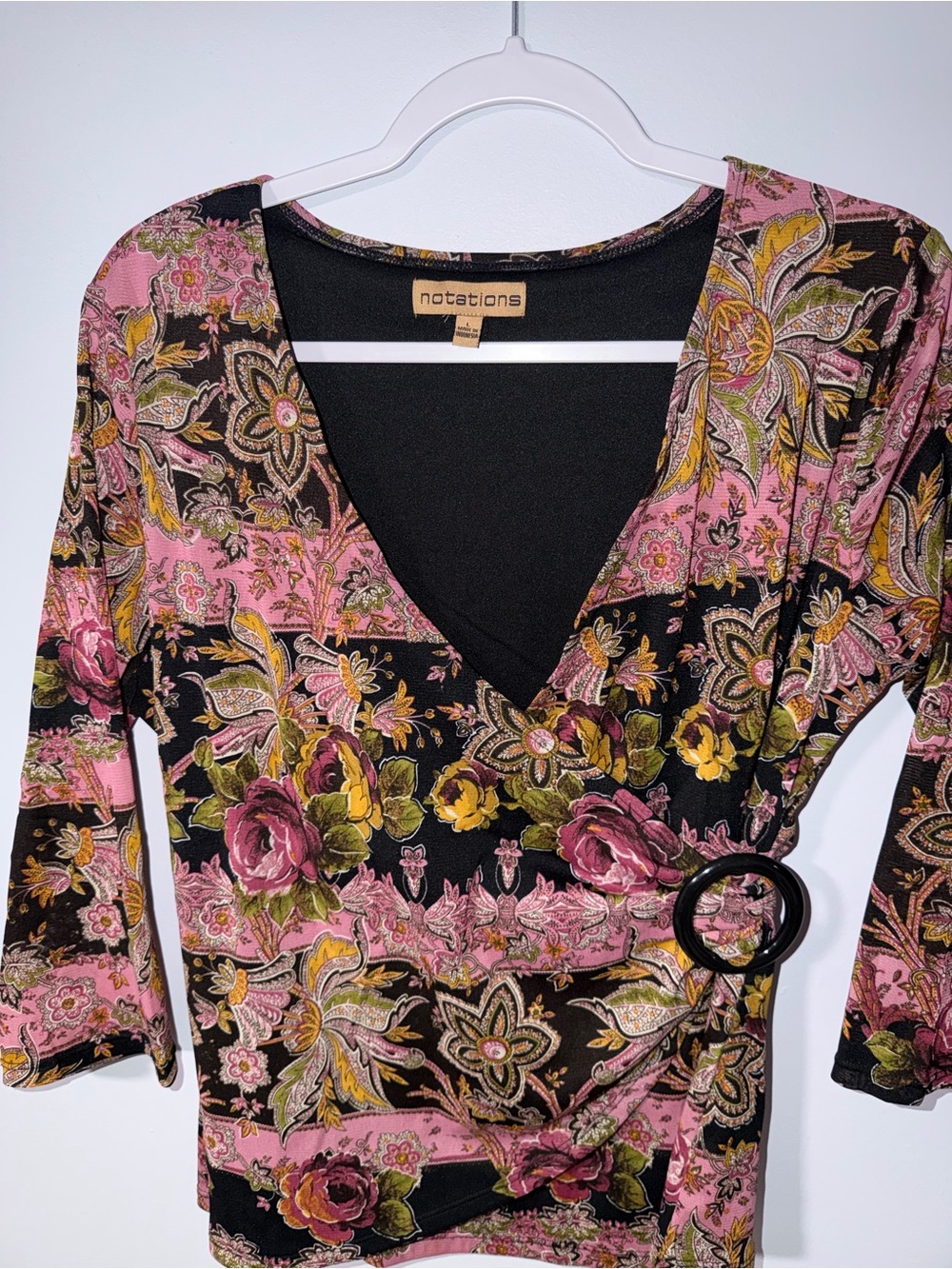 Y2K Notations black wrap top floral paisley print with a decorative black ring